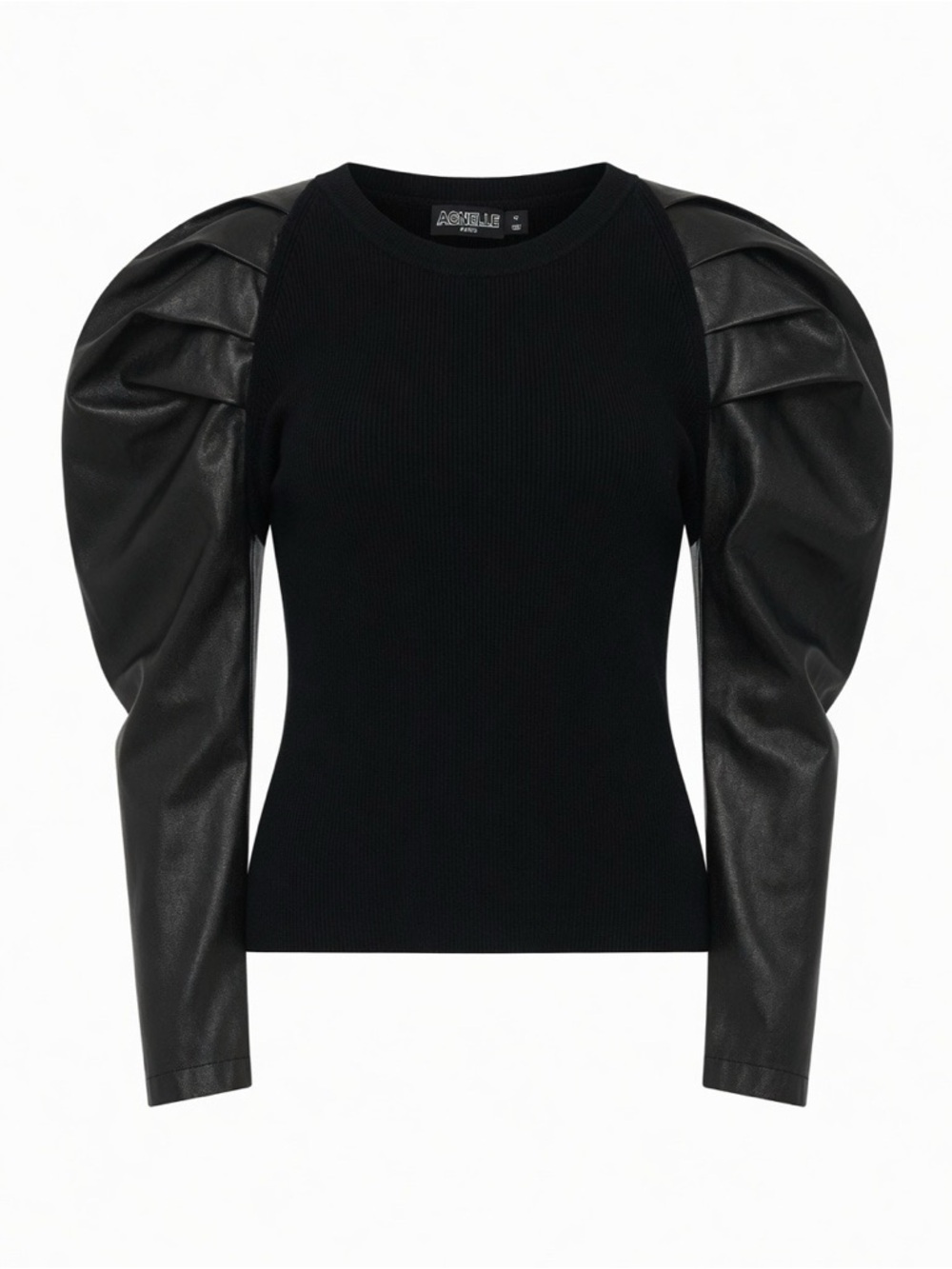Black Puff-Sleeve Sweater Top with Faux Leather Sleeves